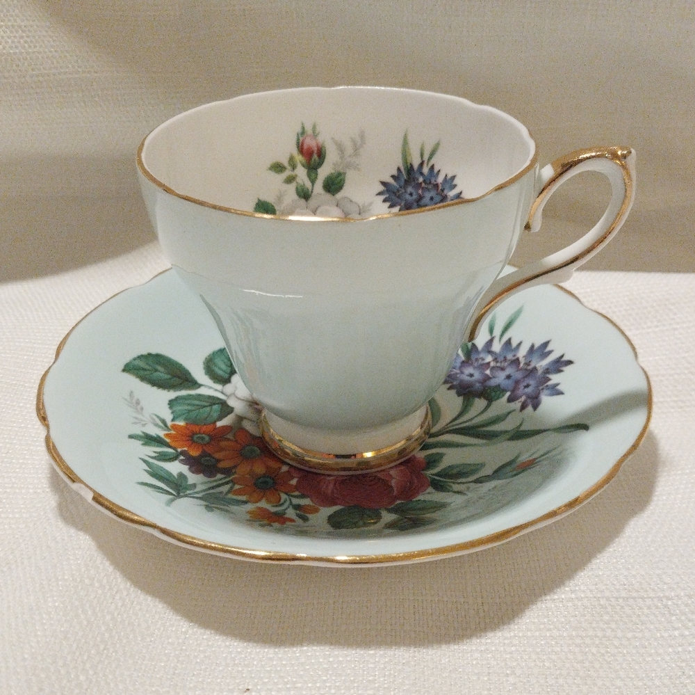 Sutherland Light Blue Floral Teacup and Saucer with Gold Trim